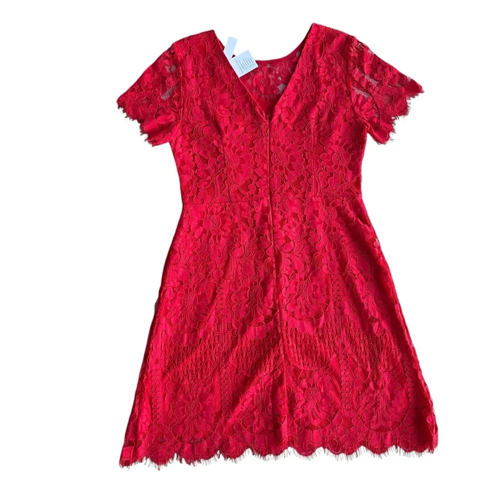 MSLG Womens Sz Large Bright Red Floral Lace Short Sleeve Round Neck A-line Dress